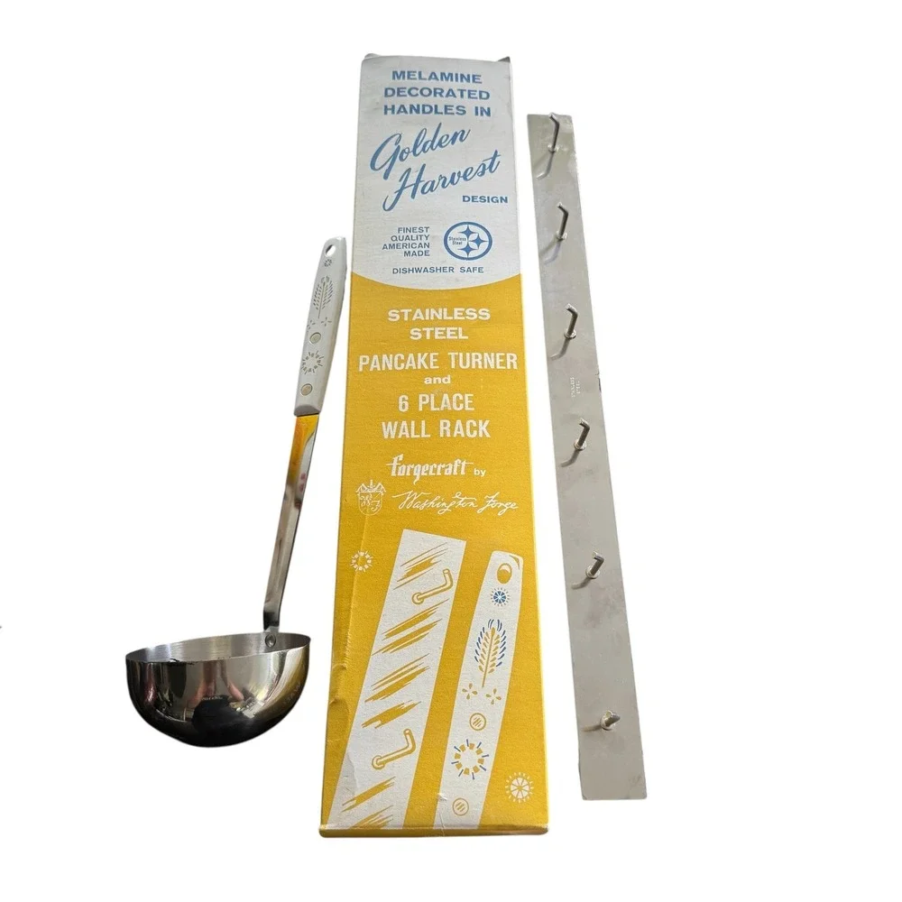 Vintage Forgecraft Golden Harvest Stainless Steel Kitchen Utensil Set with Rack